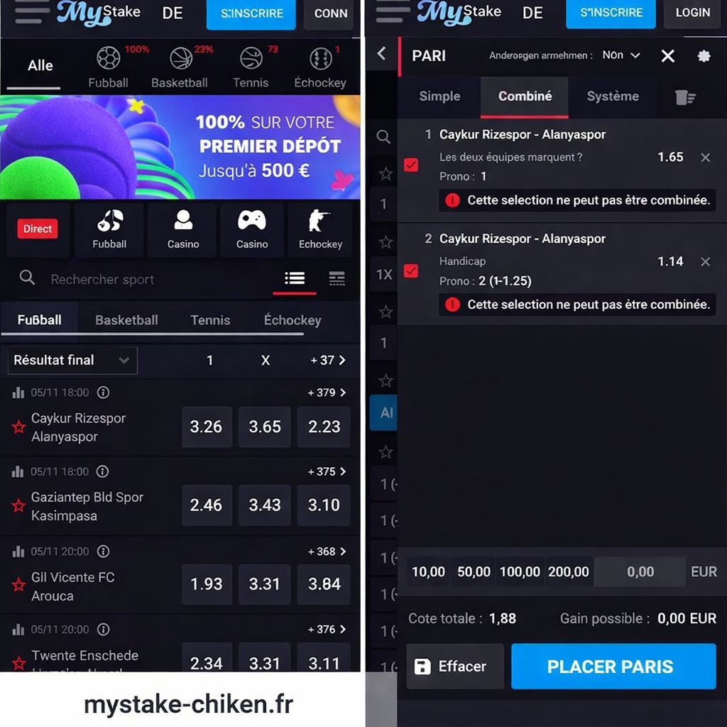 Application mobile MyStake avec interface de paris sportifs et coupon de pari combiné sur mystake-chiken.fr