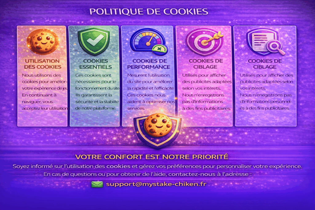 Politique de cookies : cookies essentiels, performance et ciblage pour personnaliser l’expérience, avec assistance support@mystake-chiken.fr